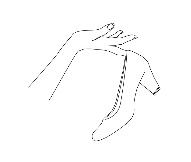 Dibujo continuo de una línea de mano que sostiene elegantes zapatos de tacón alto Diseño vectorial de dibujo de arte de línea de tacón de aguja para mujer
