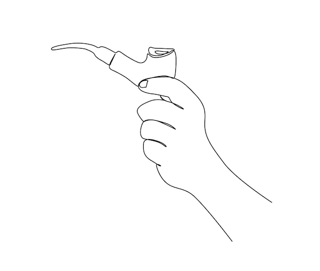 Dibujo continuo de una línea de la mano que sostiene la pipa de tabaco Mano simple sostiene el diseño del contorno de la pipa de fumar Vector de trazo activo editable
