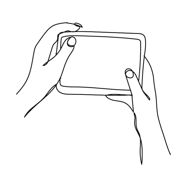 Dibujo continuo de una línea de una mano que sostiene un teléfono o teléfono inteligente dispositivo de tecnología de telefonía móvil