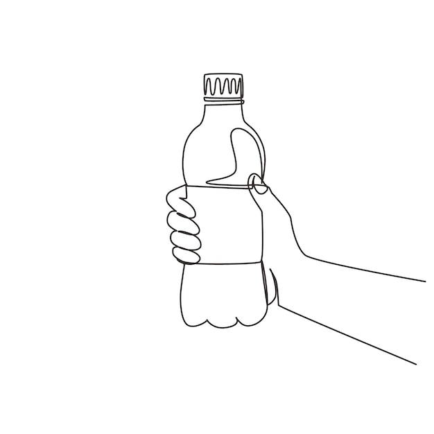 Un dibujo continuo de una línea con la mano sosteniendo una botella de agua en el vector del amanecer del parque.