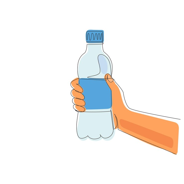 Vector un dibujo continuo de una línea con la mano sosteniendo una botella de agua en el vector del amanecer del parque