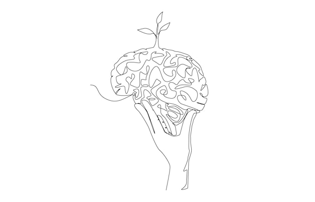 Dibujo continuo de una línea de mano sosteniendo el cerebro con un árbol joven en la parte superior desarrollo personal