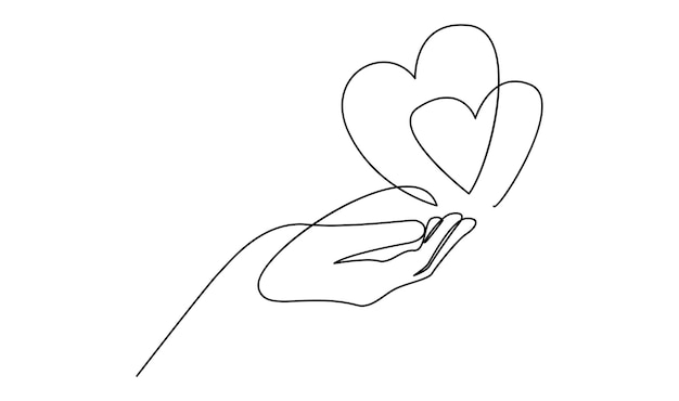 Un dibujo continuo de una línea con la mano sosteniendo el corazón Símbolo lineal de donación de caridad