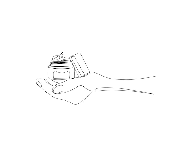 Vector dibujo continuo de una línea de la mano sosteniendo crema cosmética para el cuidado de la piel