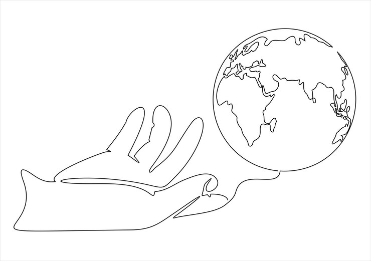 Un dibujo continuo de una línea con la mano sosteniendo el globo terrestre