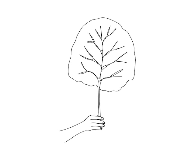 Dibujo continuo de una línea de mano sosteniendo una hoja tropical