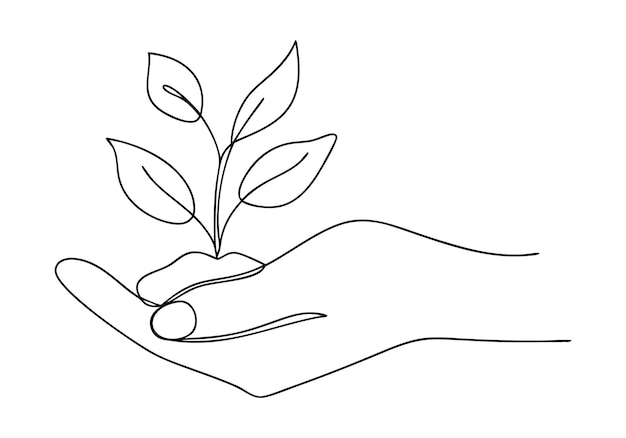 Dibujo continuo de una línea de una mano sosteniendo una planta Arte minimalista de la naturaleza