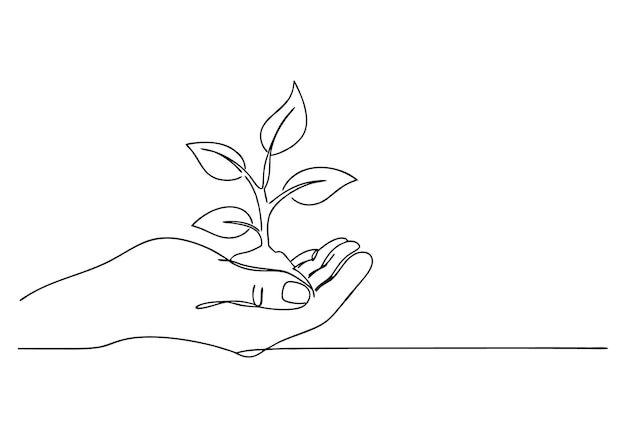Dibujo continuo de una línea de una mano sosteniendo una planta Arte minimalista de la naturaleza