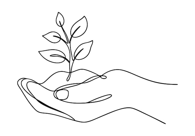 Dibujo continuo de una línea de una mano sosteniendo una planta Arte minimalista de la naturaleza