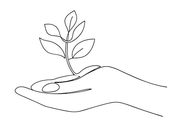 Dibujo continuo de una línea de una mano sosteniendo una planta Arte minimalista de la naturaleza