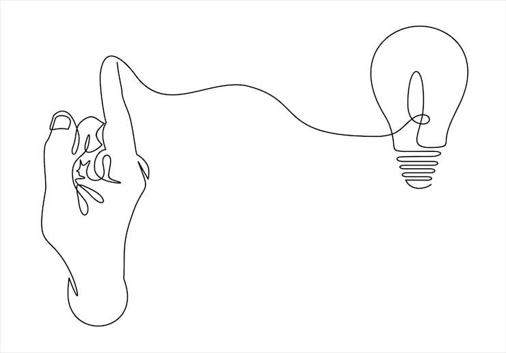 Vector un dibujo continuo de una línea con la mano sosteniendo el símbolo de la bombilla idea gran idea