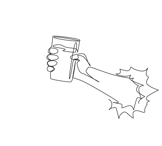Un dibujo continuo de una línea con la mano sosteniendo un vaso con jugo de limonada a través de un vector de papel blanco roto.