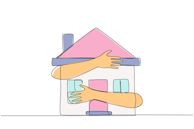 Dibujo continuo de una línea de manos abrazando una casa en miniatura Concepto de hacer la casa como garantía