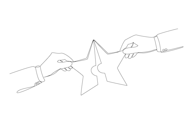 Un dibujo continuo de una línea de las manos de dos hombres de negocios que conectan el símbolo del rompecabezas de estrella