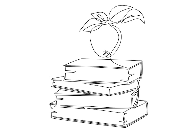 Dibujo continuo de una línea de manzana sobre la pila de libros ilustración vectorial minimalista