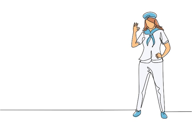 Dibujo continuo de una línea marinero mujer de pie con una bufanda alrededor de su cuello diseño gráfico vectorial