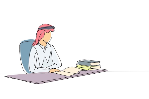 Dibujo continuo de una línea masculino árabe leyendo aprendiendo y sentado en una silla alrededor de la mesa vector