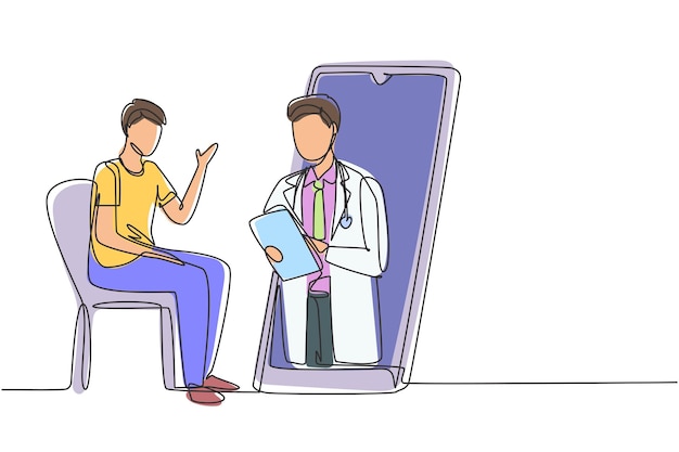 dibujo continuo de una línea médico masculino sosteniendo el clipboard comprobando al paciente masculino sentado en la silla