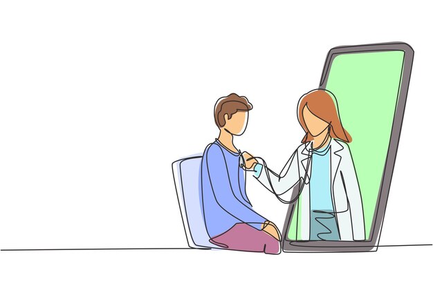 Dibujo continuo de una línea El médico sale de la pantalla del teléfono inteligente y verifica usando un estetoscopio