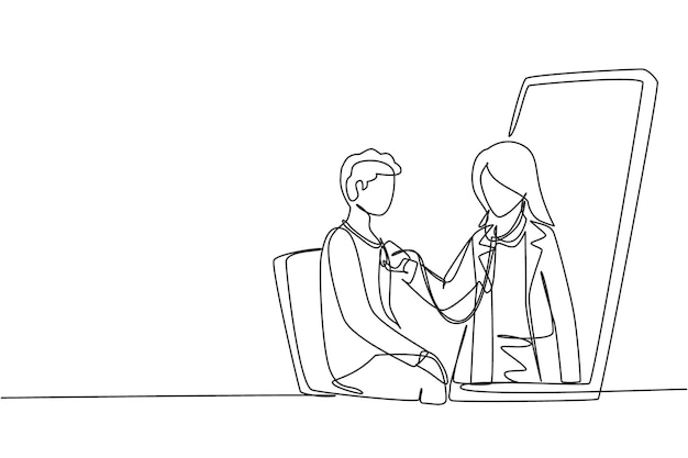 Dibujo continuo de una línea El médico sale de la pantalla del teléfono inteligente y verifica usando un estetoscopio