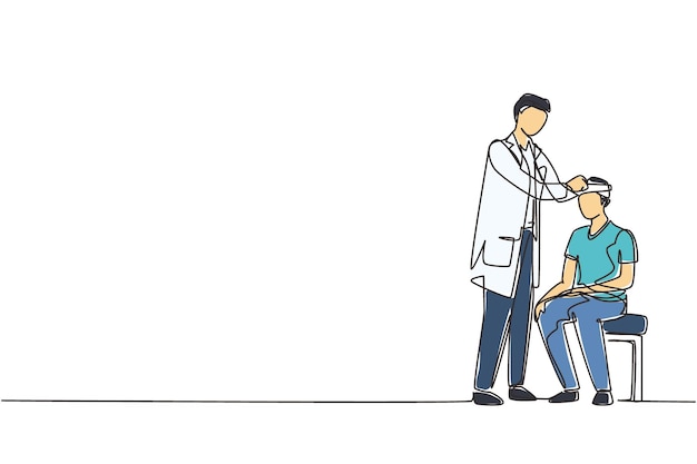 Un dibujo continuo de una línea del médico vendando la cabeza del paramédico herido y el paciente masculino con lesión en la cabeza
