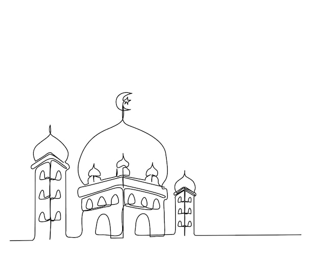 Dibujo continuo de una línea de mezquita. ilustración simple de vector de arte de línea de ornamento islámico illus
