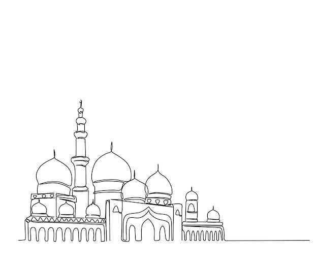 Dibujo continuo de una línea de Mezquita. Ilustración simple de vector de arte de línea de ornamento islámico illus