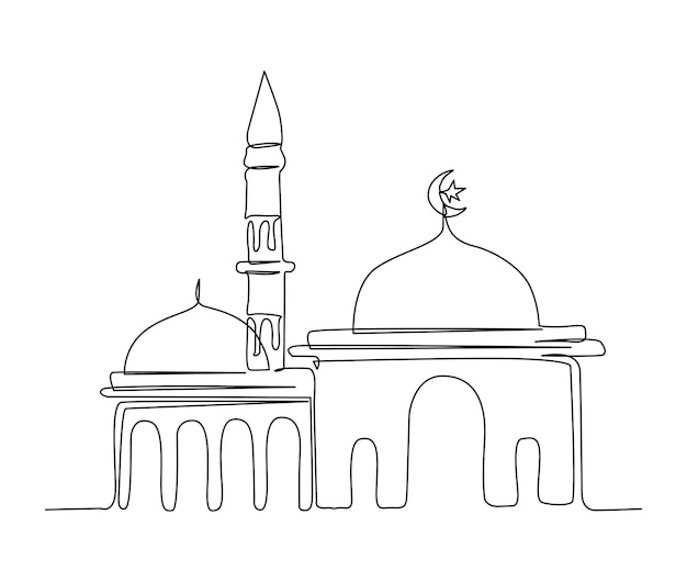 Dibujo continuo de una línea de Mezquita. Ilustración simple de vector de arte de línea de ornamento islámico illus