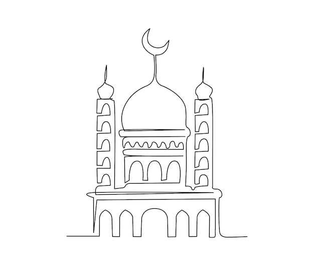 Dibujo continuo de una línea de Mezquita. Ilustración simple de vector de arte de línea de ornamento islámico illus