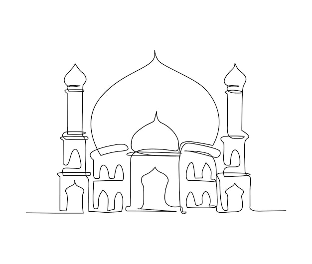 Dibujo continuo de una línea de Mezquita. Ilustración simple de vector de arte de línea de ornamento islámico illus