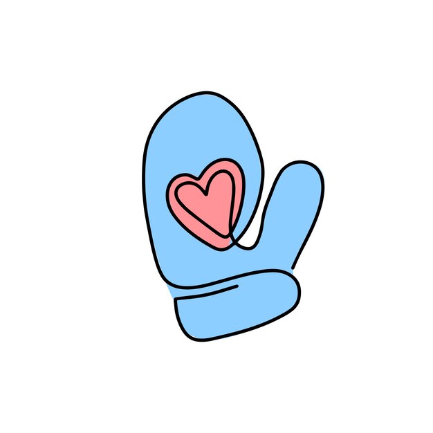 Dibujo continuo de una línea de mitones de invierno El ícono de un mitón de invierno con un corazón