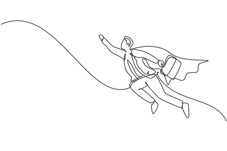 Vector dibujo continuo de una línea de una mosca joven y apuesto trabajador usando un diseño vectorial de ala de superhéroe