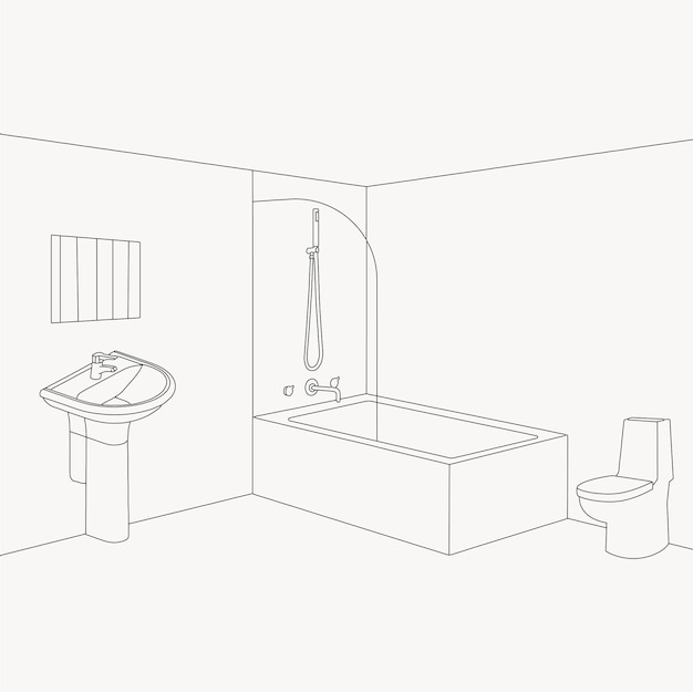 Dibujo continuo de una línea de mueble de lavabo con inodoro y secador de manos ilustración vectorial