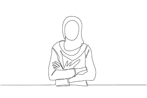 Dibujo continuo de una línea de mujer árabe sonriente en hijab manteniendo los brazos cruzados gráfico vectorial