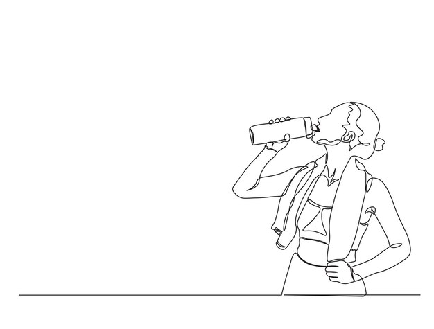 Dibujo continuo de una línea de una mujer bebiendo agua de la botella