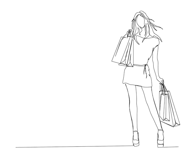 Dibujo continuo de una línea de mujer bonita y sosteniendo bolsas de papel después de comprar Mujer joven sosteniendo bolsas de compras ilustración vectorial de arte lineal