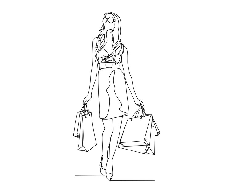 Vector dibujo continuo de una línea de mujer bonita y sosteniendo bolsas de papel después de comprar mujer joven sosteniendo bolsas de compras ilustración vectorial de arte lineal