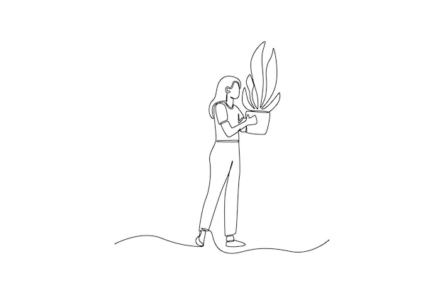Dibujo continuo de una línea mujer caminando sosteniendo la planta en una maceta Ilustración gráfica vectorial de diseño de dibujo de una sola línea