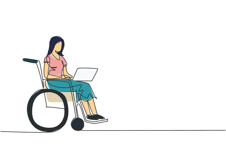 Vector dibujo continuo de una línea mujer discapacitada trabajando en una computadora portátil silla de ruedas vector de diseño de computadora