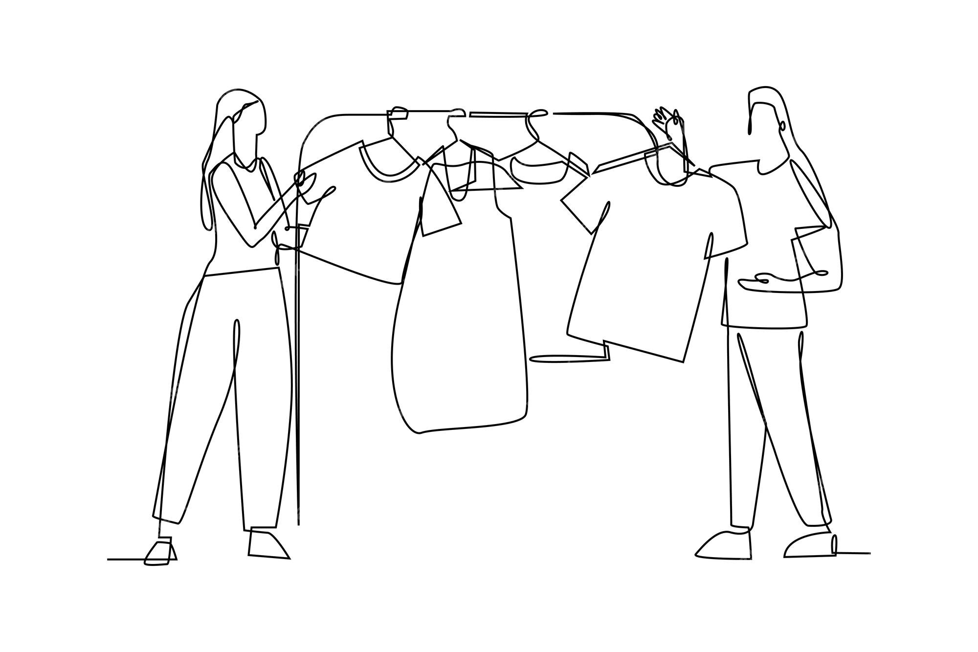Dibujo continuo de una línea mujer feliz de pie frente a un perchero y  tratando de elegir vestimenta vestirse concepto de ropa ilustración gráfica  vectorial de diseño de dibujo de una sola
