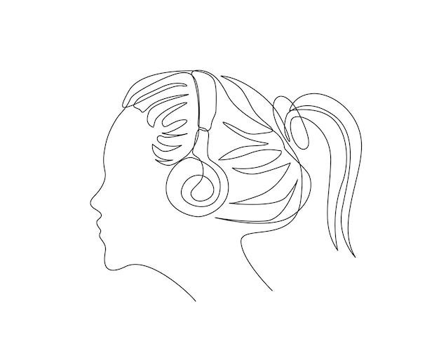 Dibujo continuo de una línea de una mujer joven con auriculares
