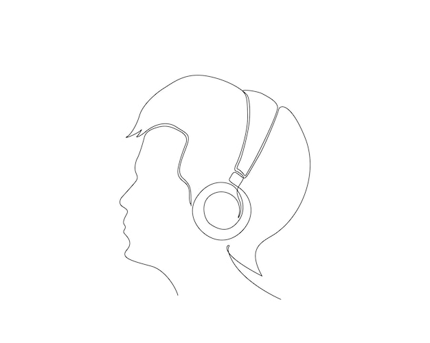 Dibujo continuo de una línea de una mujer joven con auriculares