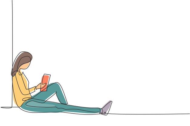 Dibujo continuo de una línea mujer joven leyendo aprendiendo sentada y con respaldo Estudiando en casa