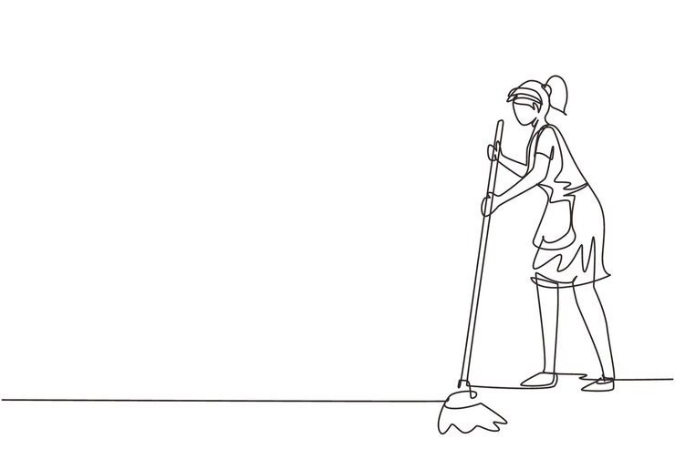 Vector dibujo continuo de una línea de una mujer joven limpiando el suelo y limpiando el interior de una ilustración vectorial de diseño.