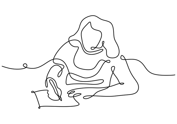 Dibujo continuo de una línea de una mujer joven tomando algunas notas
