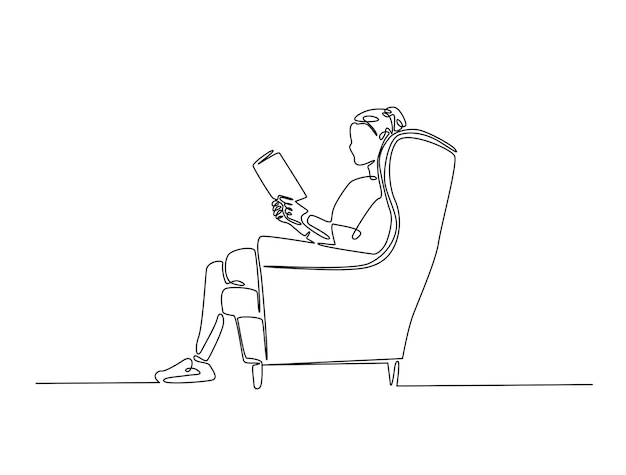 Dibujo continuo de una línea de una mujer leyendo un libro en un sillón acogedor