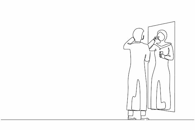Dibujo continuo de una línea mujer de negocios árabe con hijab formal haciendo selfie vector de diseño
