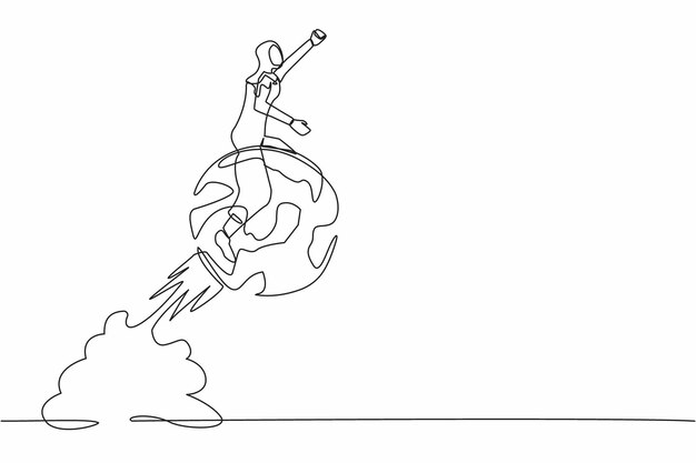 Dibujo continuo de una línea mujer de negocios árabe montando un cohete de esfera globo volando en el vector del cielo