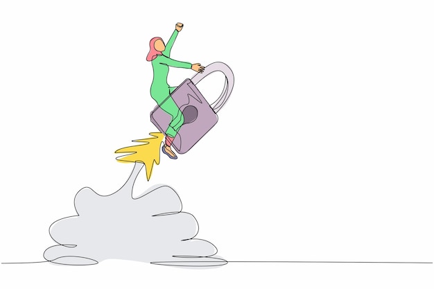 Dibujo continuo de una línea mujer de negocios árabe montando un cohete volando en el cielo vector de diseño