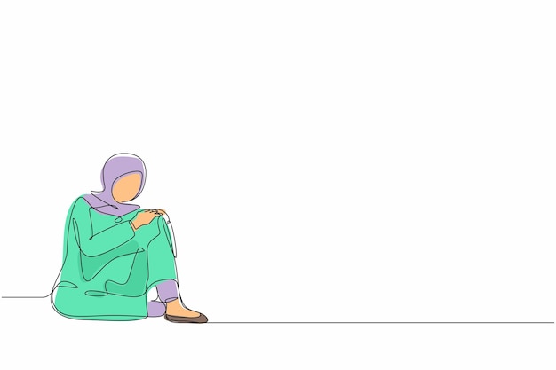 Un dibujo continuo de una línea de una mujer de negocios árabe muy triste sentada sola en la ilustración del diseño del piso